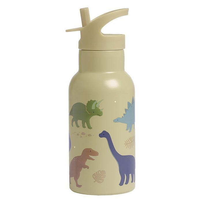 A Little Lovely Company Trinkflasche Dinosaurier 350 ml zeigt einen weißen Wasserflasche mit Strohhalm und einem blauen Dinosaurier-Motiv, ideal für kalte Getränke.