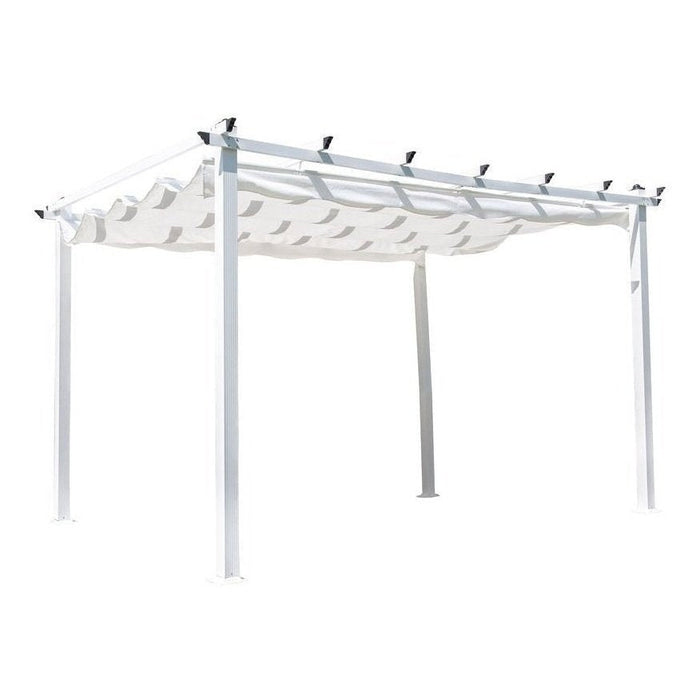 Venture Home Pergola Lazio 400x350 cm mit weißem Aluminiumrahmen und abnehmbarer Polyester-Überdachung, ideal zur Terrassengestaltung.